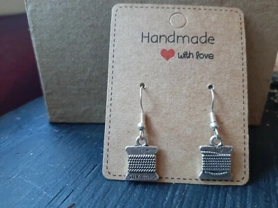 Spool Of Thread Handcrafted Earrings With.925 Silver Hooks Foto 1 de 2