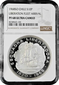 Chile 10 pesos 1968 So, NGC PF68 UC, "Arrival of Liberation Fleet" silver coin - Picture 1 of 2