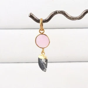 Hot Selling Pink Chalcedony Dendrite Opal Yellow Gold Plated Necklace Pendant  - Picture 1 of 3