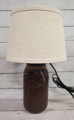 ¡NUEVO! Lámpara de tarro de masón marrón espresso con pantalla de lino pintada a mano granja, cabaña Foto 1 de 4