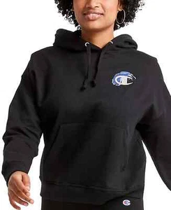Champion Women's Hoodie S Black Kangaroo Pocket Logo Print Long Sleeve Pullover - Picture 1 of 7