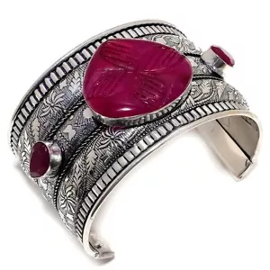 Carved Ruby Gemstone Handmade Lab Created Cuff Bracelet - Picture 1 of 5