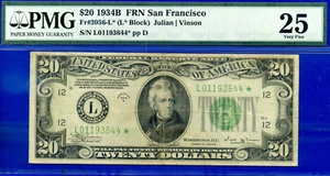 1934B $20 FRN San Francisco star PMG 25 crazy rare total 5 known star Fr 2056-L* - Picture 1 of 4