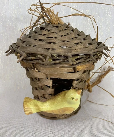 Handwoven Bird House Basket With Lid And Ceramic  Yellow bird Decor Or Function Cover