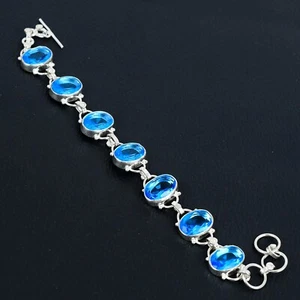 Blue Topaz Gemstone Handmade 925 Sterling Silver Jewelry Bracelet 7-8" - Picture 1 of 4
