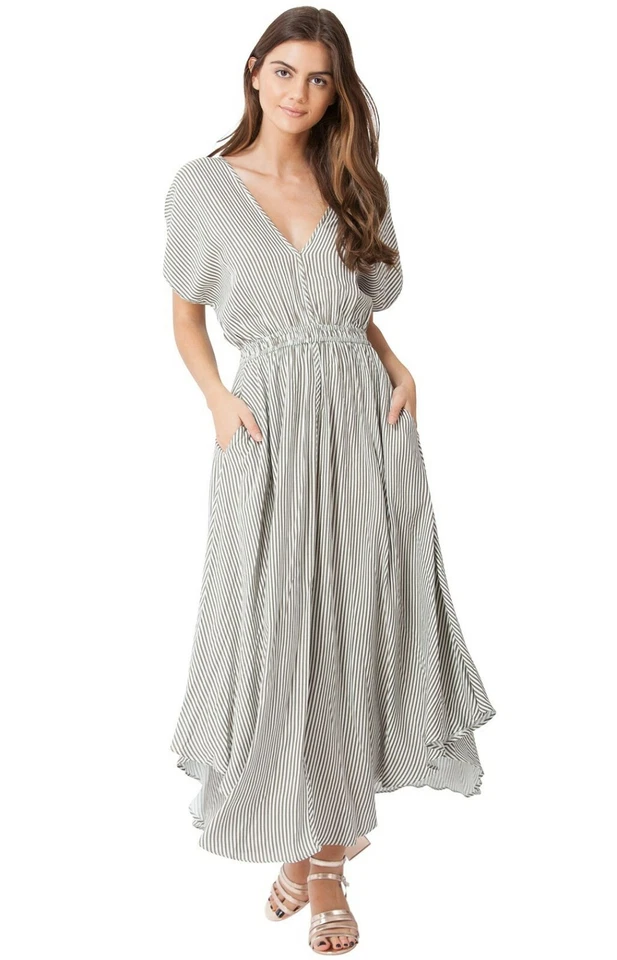 Maxi Vestido Hale Bob Beige Sarga Ajuste y Acampanado | Cuello en V | Rayas XS NUEVO CON ETIQUETAS 84NT6523 Foto 1 de 3