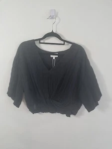 SEED size 12 new black check v neck short sleeve cheesecloth crop blouse - Picture 1 of 6