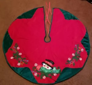 Schneemann Weihnachtsbaum Rock 42" rot & grün mit Applikation Schneeflocken, Vintage - Bild 1 von 4