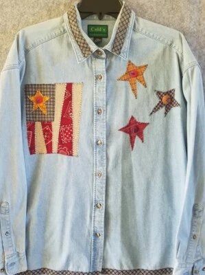 Cold's Concept Shirt Women Sz XL Blue Embroidered Arts Crafts Denim button #773 - Image 1 of 4