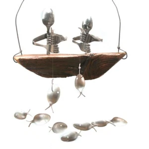 Fisherman Sculptures Wind Chime Garden Wooden Boat Fishing Man Hanging Ornament - Picture 1 of 17