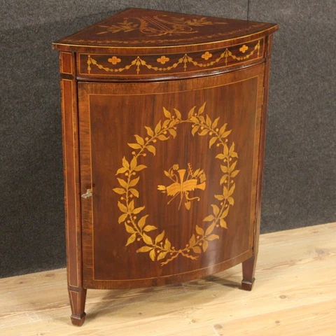 English corner cabinet inlaid wood antique style furniture 1 door 20th century Cover