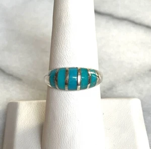 14K WHITE GOLD TURQUOISE INLAID BAND RING SIZE 7.5 - Picture 1 of 8