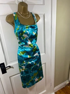 Joseph Ribkoff Turquoise Blue & Lime Green Floral Lined Dress, UK 12, Exc Cond - Image 1 of 4