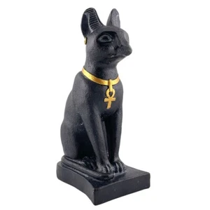 Bastet Egyptian Cat Statue Wearing Ankh Necklace Black and Gold Desk Figurine 7H - Picture 1 of 5