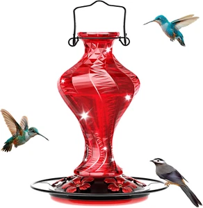 Glass Hummingbird Feeder for Outdoors Hanging, Bird Nectar Feeder with Perch & 5 - Picture 1 of 12
