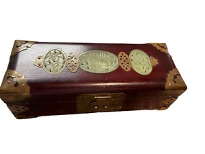 Shanghai China Cherry wood Treasure Chest Jewelry Box Brass Jade Shanghai China - Picture 1 of 6