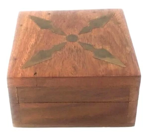 Vintage Messing Inlay Teak Schmuck Box Made in India Pygmäenfonds rotes Filzfutter - Bild 1 von 8