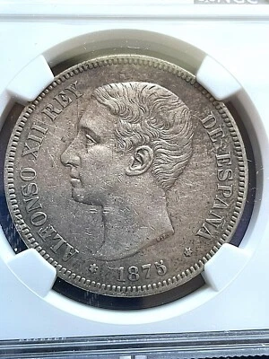 Certified 1875(75)-DEM Spanish 5 Peseta Silver Coin - Spain - NGC AU53 - Image 1 of 4