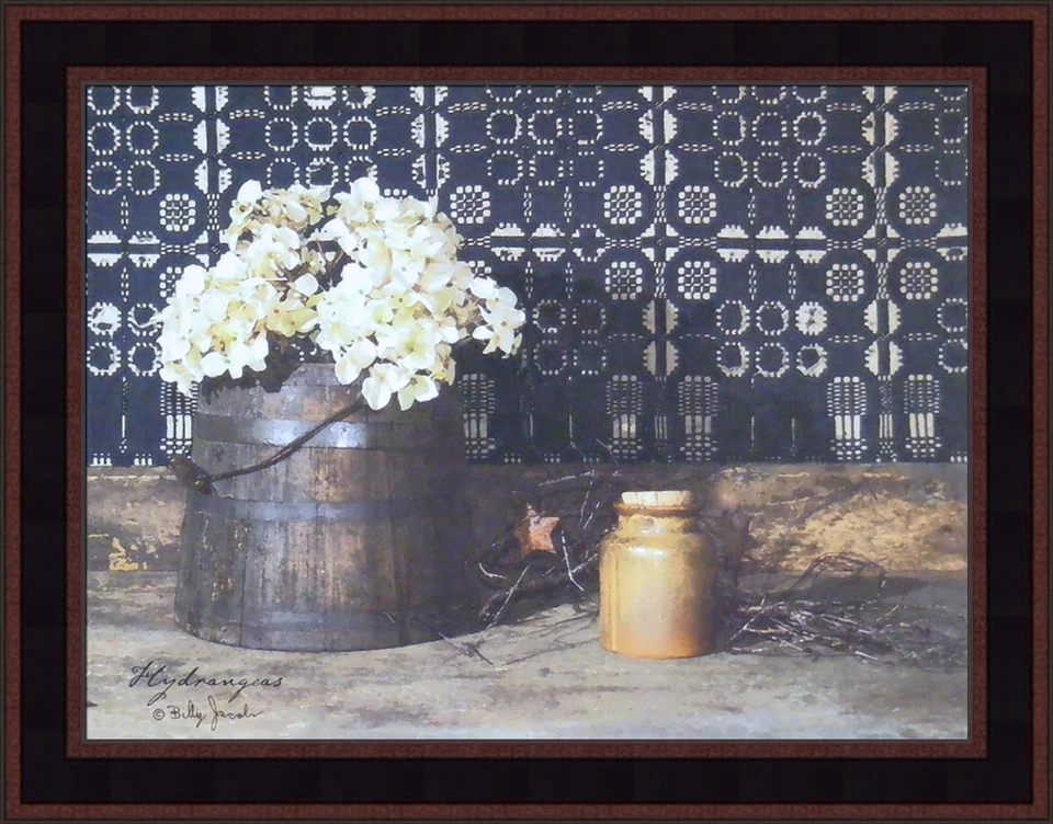 ARTE ENMARCADO HORTENSIAS de Billy Jacobs 15x19 flores blancas vasija imagen hcd Foto 1 de 1