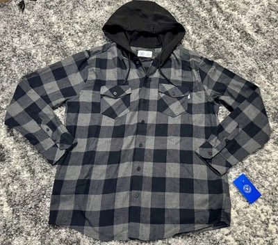 NWT! Hurley Flannel Hooded Button Front Shirt-Men's L-Black Grey Buffalo Plaid - Image 1 of 4