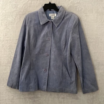 Женская кожаная куртка Alfani синяя однотонная большая с длинным рукавом на пуговицах с воротником - Изображение 1 из 4