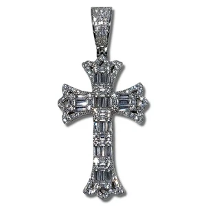 Cruz Colgante Collar Dije Baguettes Heladas - Italiano Plata de Ley 925 VVSD - Imagen 1 de 6