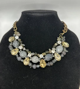 Chunky Statement Necklace Yellow Gray Stone Glass Bead Rhinestone Cluster 16" - Picture 1 of 6