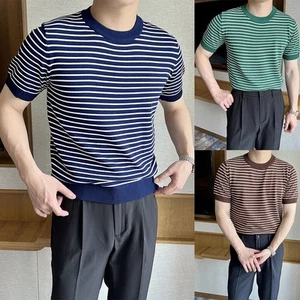 Men's Stylish Stripe Crew Neck T Shirt Pullover Short Sleeve Blouse Top - Picture 1 of 32