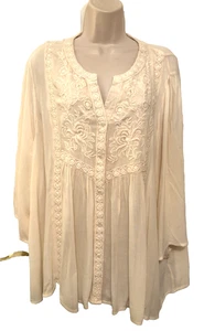 Blusa para mujer Rachel Zoe Boho Hippie Plus 2X marfil manga 3/4 bordada - Imagen 1 de 9