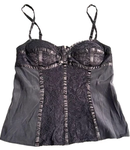 VTG Bebe Silk Satin & Lace Babydoll Top Women's Large Y2K Zip-up Cami Blouse - Picture 1 of 11