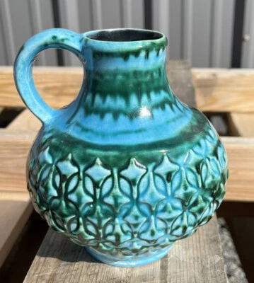 Jarra de cerámica vintage de Alemania Occidental azul turquesa y verde diseño abstracto elevado Foto 1 de 4