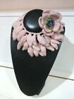 CROCHET layered LEAVES FIBER NECKLACE & HandMade Embroidered FLOWER Nude Pink