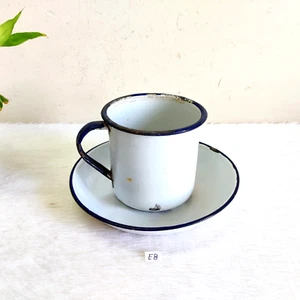 1940s Vintage Blue White Iron Enamel Tea Cup Plate Set Kitchenware Decorative E8 - Picture 1 of 9