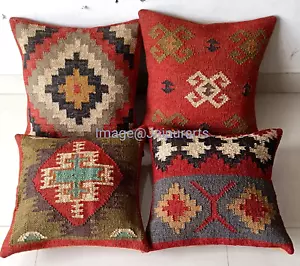 4 Pcs Indian Kilim Jute Cushion Cover Throw Vintage Handmade Pillow 18x18 Square - Picture 1 of 6