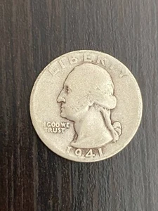 WASHINGTON QUARTER 1941 COIN - AG(About Good) with 90% Silver, 10% Copper.. - Picture 1 of 2