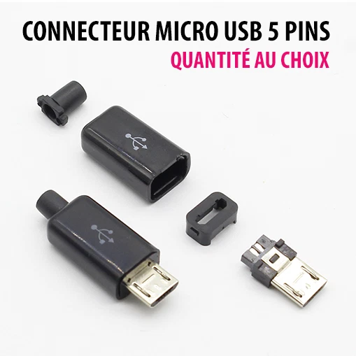 Connecteur Micro USB Mâle Fiche Type B pour Câble Soudure Plastique à Souder Lot - Photo 1/4