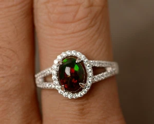 925 Silver Ring Black Opal Ring Sterling Silver Halo Ring Handmade Women Ring. - Picture 1 of 6