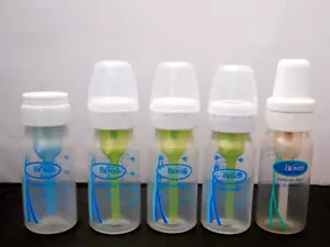 Mixed Lot 5-4 Oz Dr Browns Baby Bottles-No Nipples-4 Caps-PBA-Free Clear Plastic - Picture 1 of 6