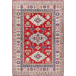 4'9"x7'1" Red Kazak with Tribal Design Soft Wool Hand Knotted Oriental Rug R335 - Picture 1 of 7
