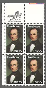 NATHANIEL HAWTHORNE 1983 AMERICAN NOVELIST #2047 VF 20c STAMP ZIPPY BLOCK wMOUNT - Picture 1 of 2
