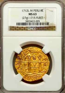 PERU 1712 GOLD 8 ESCUDOS DOUBLOON COIN NGC 63 FIN KN! 1715 PLATE FLEET SHIPWRECK - Picture 1 of 12