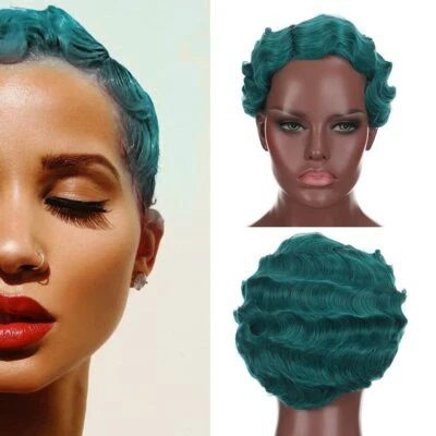 Pelucas cortas onduladas con dedos rizadas verde oscuro disfraces fiesta custodia para mujeres negras  Foto 1 de 4