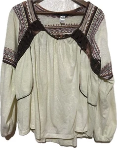 Pyramid Collect  Boho Peasant Top Womens 2XL Cream Embroidered Lattice Panels - Picture 1 of 12