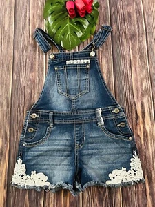 Jordache Girls Dark Wash Lace Crochet Denim Overalls Jumpsuit Romper Sz M(7-8) - Picture 1 of 6