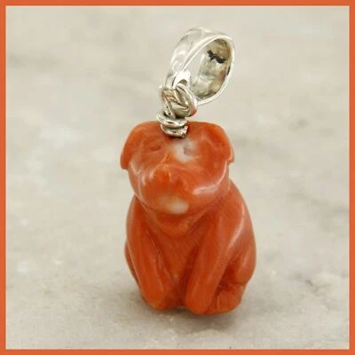 Ciondolo Vintage in ARGENTO 925 e Cane di CORALLO Naturale Pendente Charm  - Immagine 1 di 4