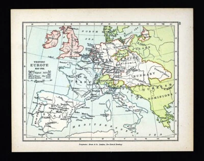Antiguo Mapa Europa 1702 Guerra Sucesión Española Inglaterra Países Bajos Francia España Foto 1 de 2