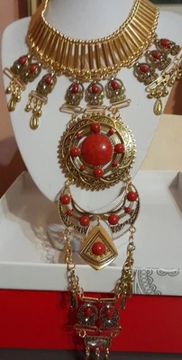 STUPENDA COLLANA '20 EGYPTIAN REVIVAL gr180 PENDENTE cm30 OPALI ROSSI,BRILLANTI! - Immagine 1 di 4