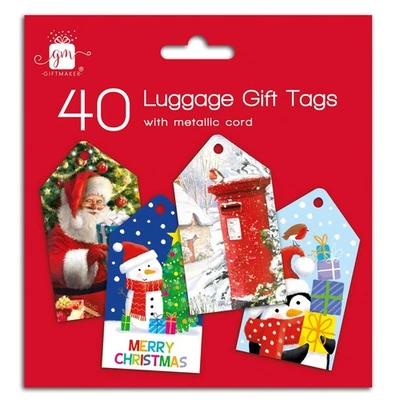 GIFTMAKER Christmas Luggage Gift Tags 40 Tie On Present Labels & Silver Cord Assorted