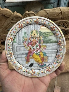 Antigua placa Ganesha pintada a mano de piedra de mármol tallada - Imagen 1 de 12