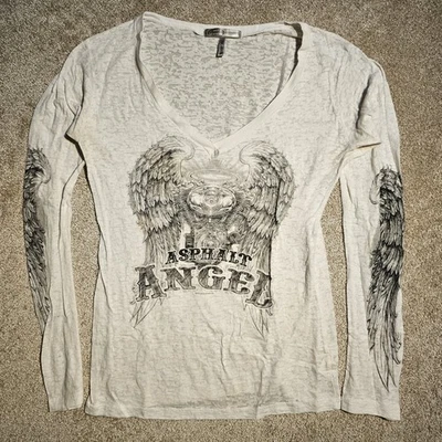 Vintage Y2k Asphalt Angel See Thru  Size M Biker T-shirt Grunge 2000s Harley Emo - Image 1 of 4